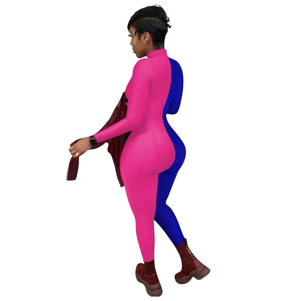 

Patchwork Sexy Bodycon Jumpsuit Romper Long Sleeve Bodysuit Women Zipper Jumpsuit Elegant Full Length Polyester 2019