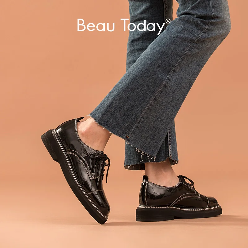 

BeauToday Casual Shoes Women Patent leather Dress Flats Lace-Up Square Toe Double Sewing Ladies Derby Shoes Handmade 21813