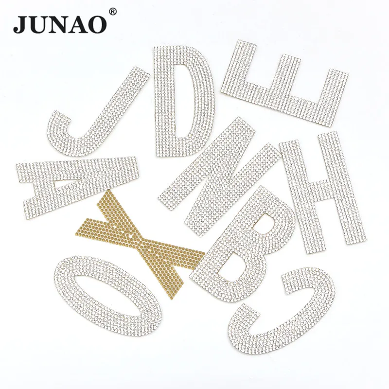 

JUNAO A-Z 1pcs Clear Rhinestone English Alphabet Letter Applique Iron On Letter Patches Sticker for Clothing Name Badge Crafts