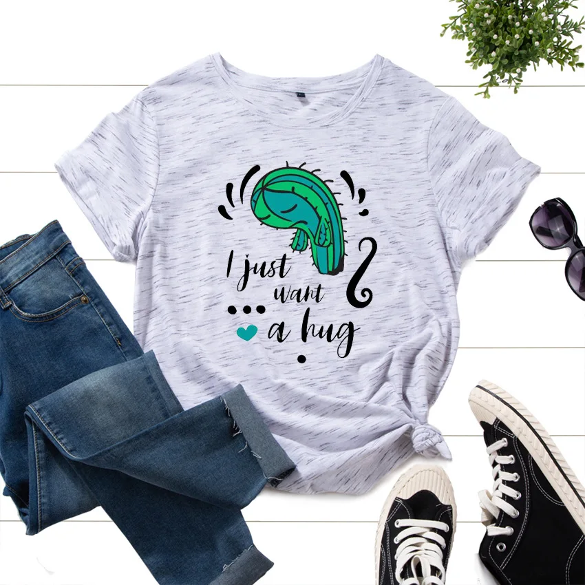 

Cotton T-Shirts for Women Graphic Tees Printed Shirt Short Sleeve Summer Tops Casual Clothes I Just Want A Hug Cactus Plants Top