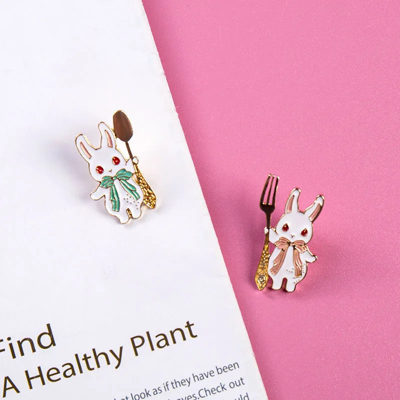 

Rabbits Enamel Pins Custom Animal Bunny Spoon Fork Brooches Badges Cartoon Kawaii Jewelry for Clothes Bag Pin Accessories