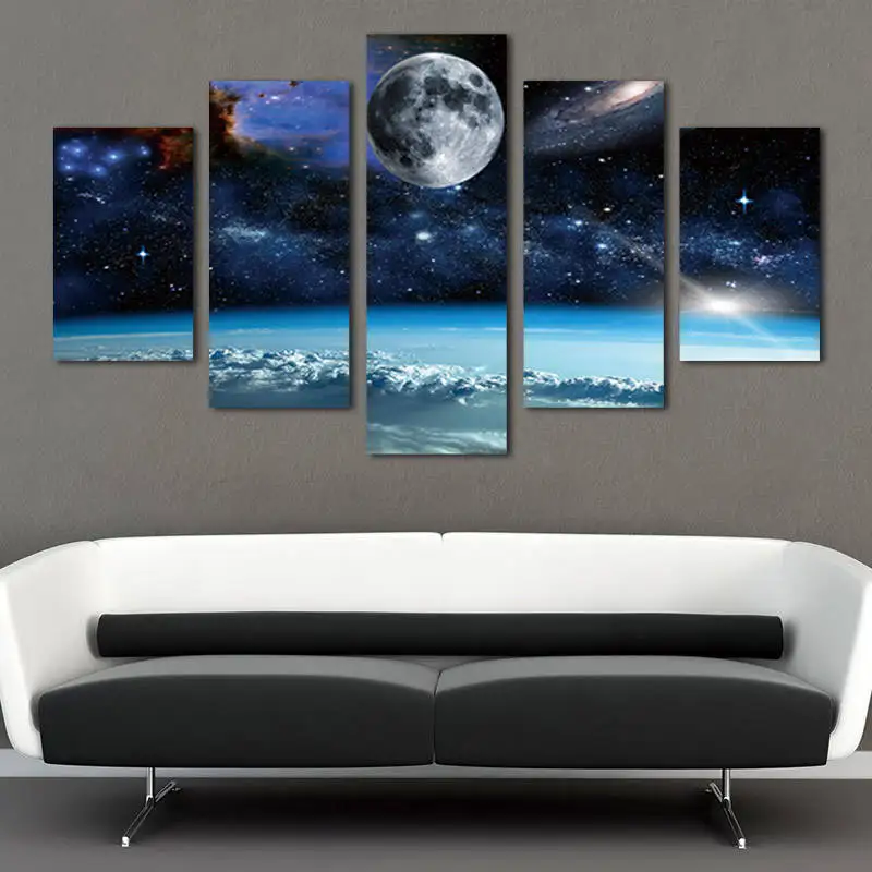 5 панели бескаркасные настенная живопись Печать холст Современная Космос Луна