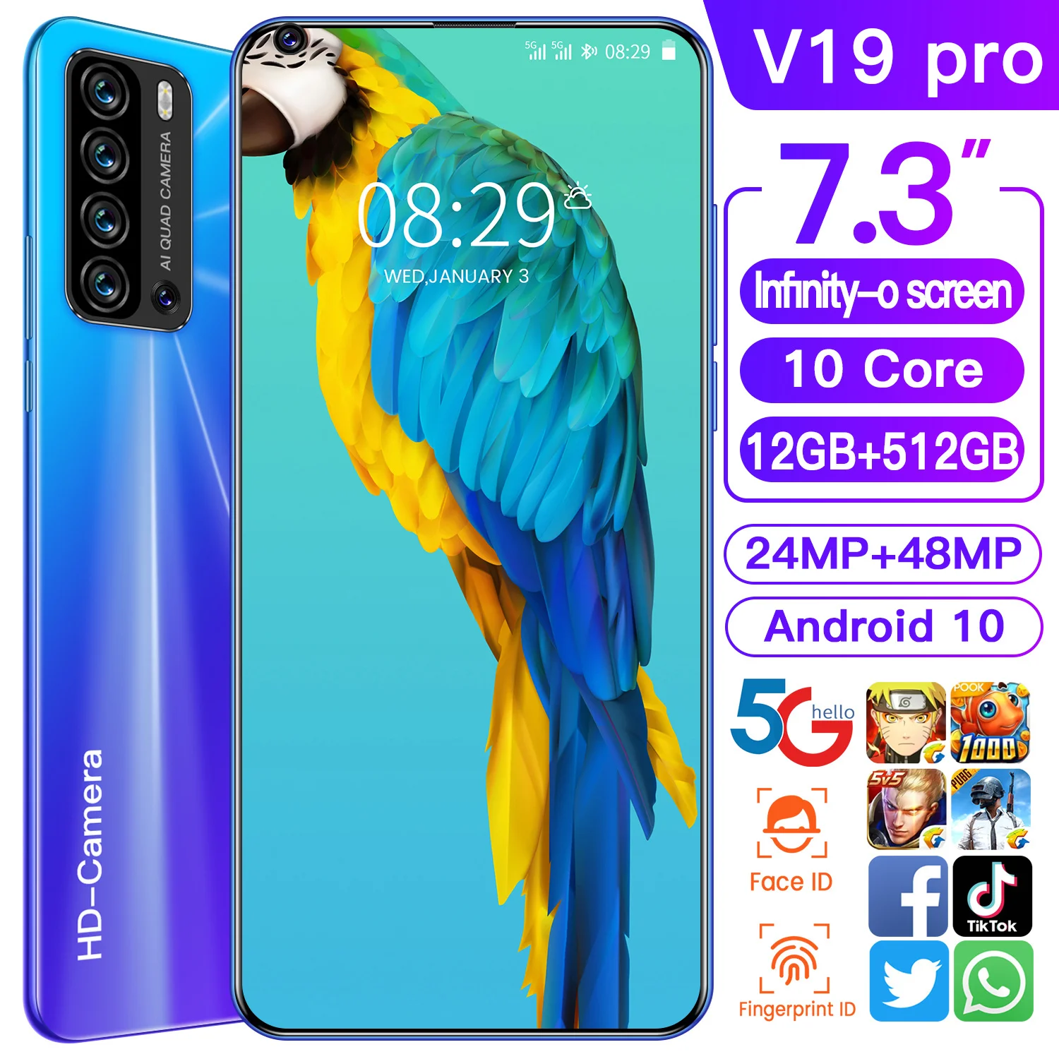 

V19 pro 7.3Inch Smartphone Screen Large Memory 12+512G Android 10 Dual SIM Card 5G Face Unlock Camera 24MP+48MP 5600mAh Battery