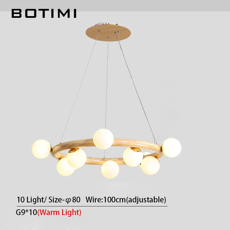 10 Light BOTIMI круглый деревянный светодиодный канделябр для гостиной стеклянный шар современные кордовые подвесные люстры кухонная осветительная арматура - Цвет абажура: 10 Light