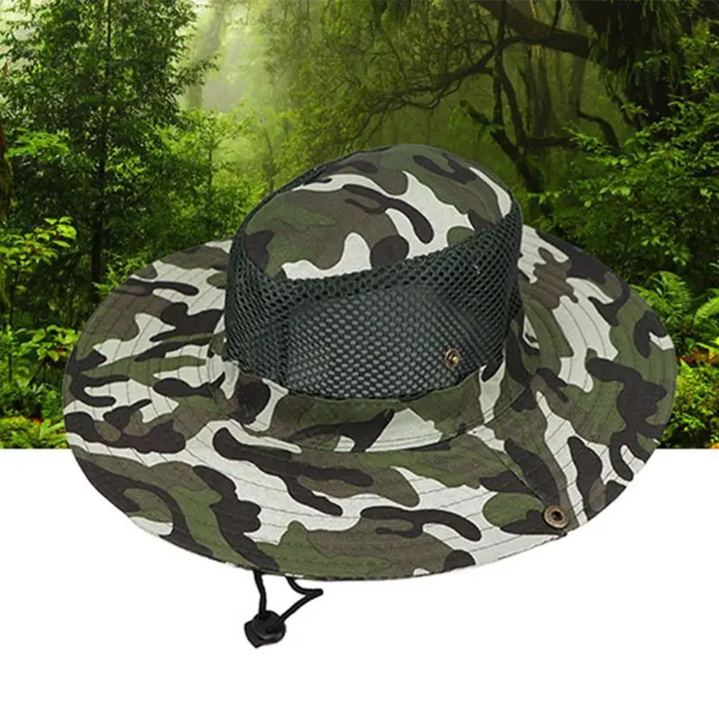 

Unisex Mesh Floppy Bucket Hat Camouflage Wide Brim Sunscreen Fishing Boonie Cap
