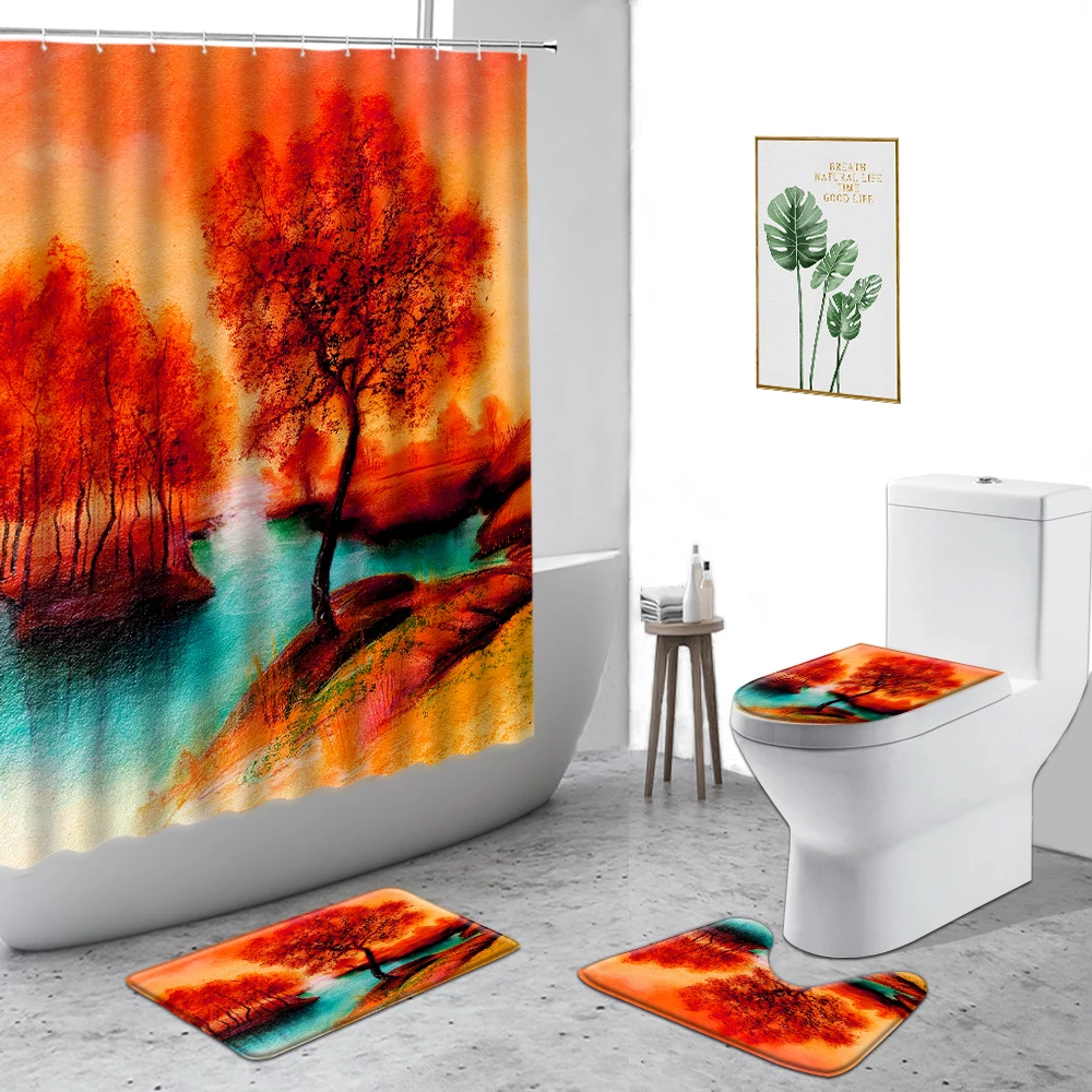 

Oil Painting Landscape Shower Curtain Red Forest Lake Lotus Poppy Flower Bathroom Curtains 4-Piece Non-Slip Carpet Toilet Cover