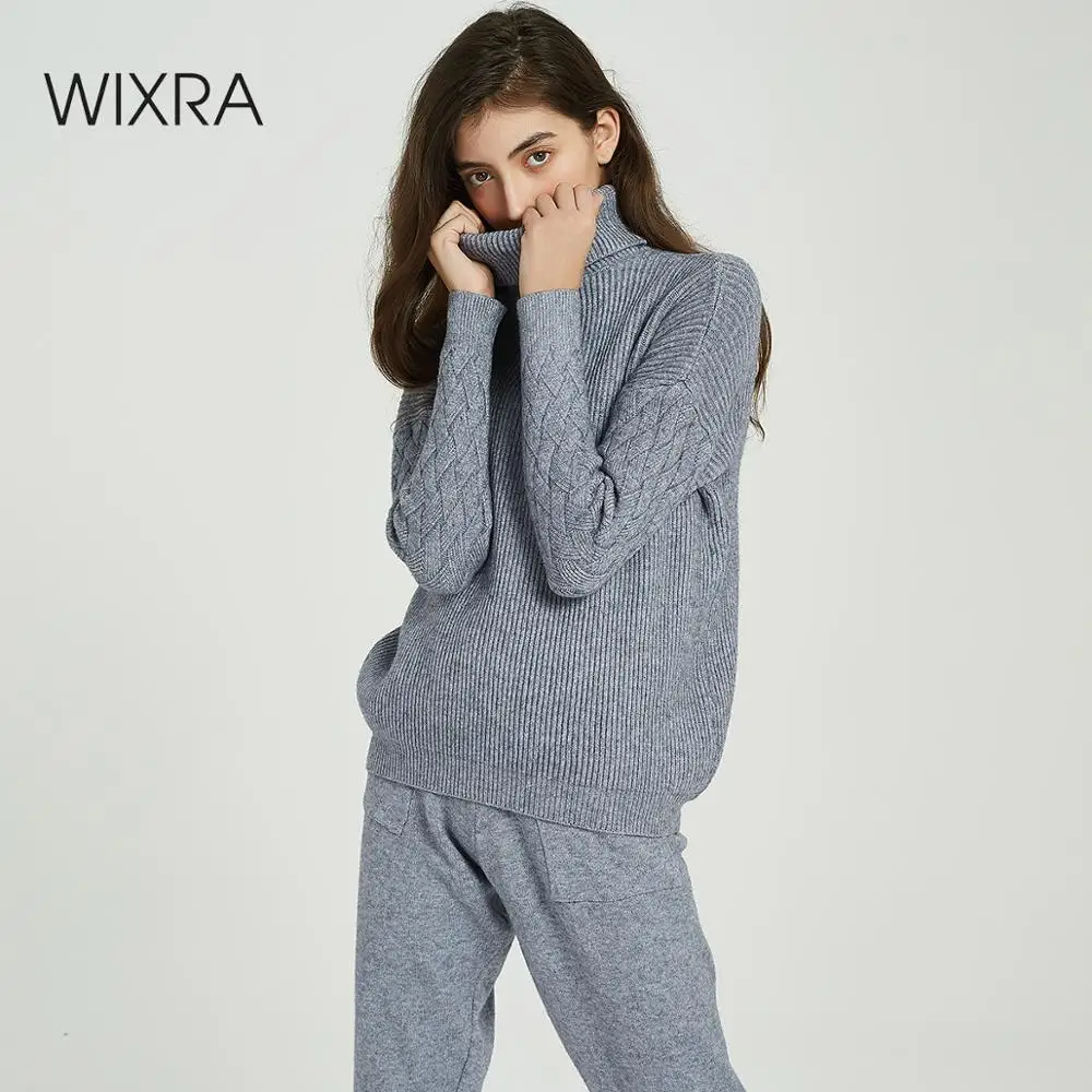 Wixra, женские комплекты свитеров, водолазка, повседневный джемпер с длинным рукавом, топы+ вязанные длинные штаны, комплекты из 2 предметов, Осень-зима