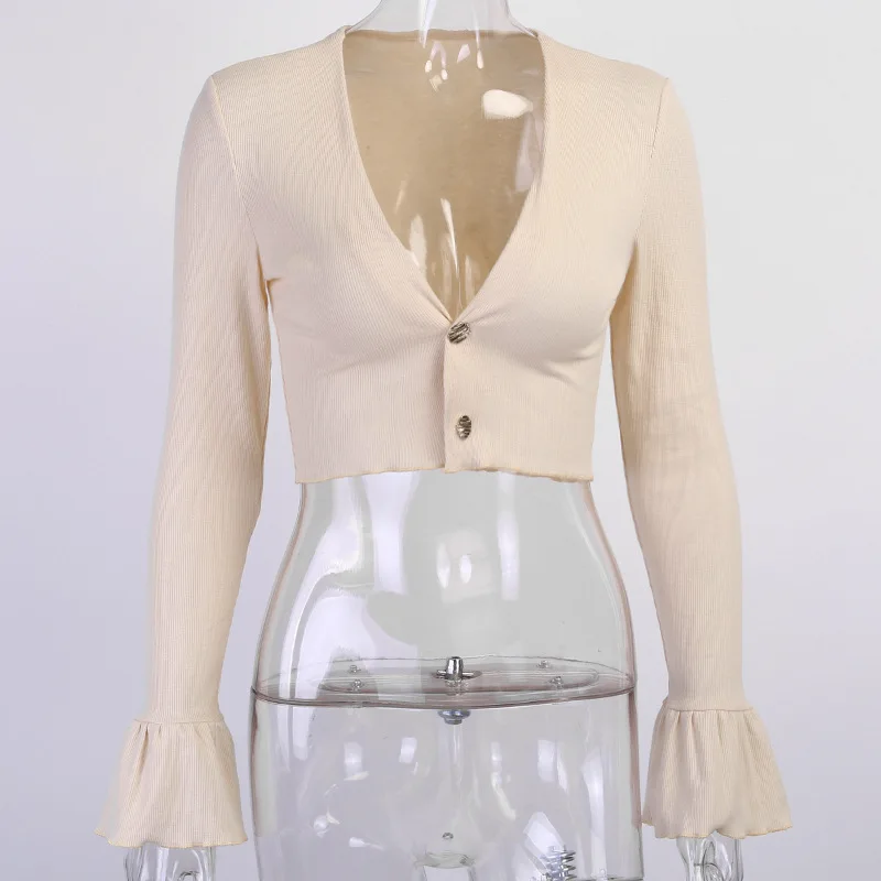 

Cotton Ribbed Knitted Deep V-Neck Sexy T-shirt Front Button Ruffles Long Flare Sleeve Autumn Elegant Women Cropped Top