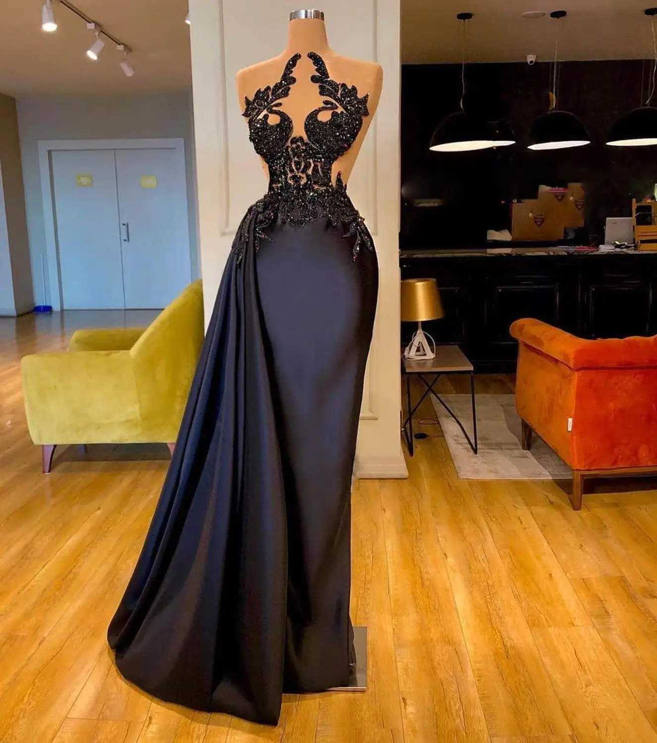 

SoAyle роскошный кристалл из бисера Черное вечернее платье сексуальное прозрачное вечернее платье без рукавов Русалка 2020 Vestido de festa