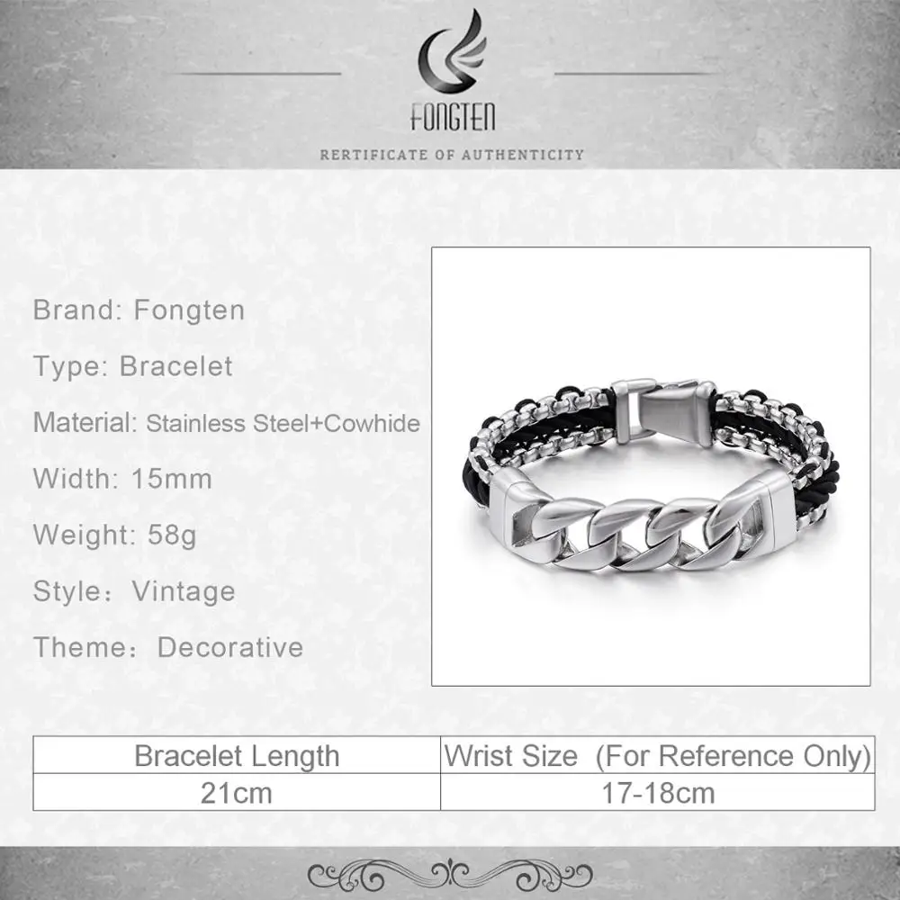 

Fongten Black Cowhide Bracelet Stainless Steel Braid Leather Charm Bracelet For Men Jewelry