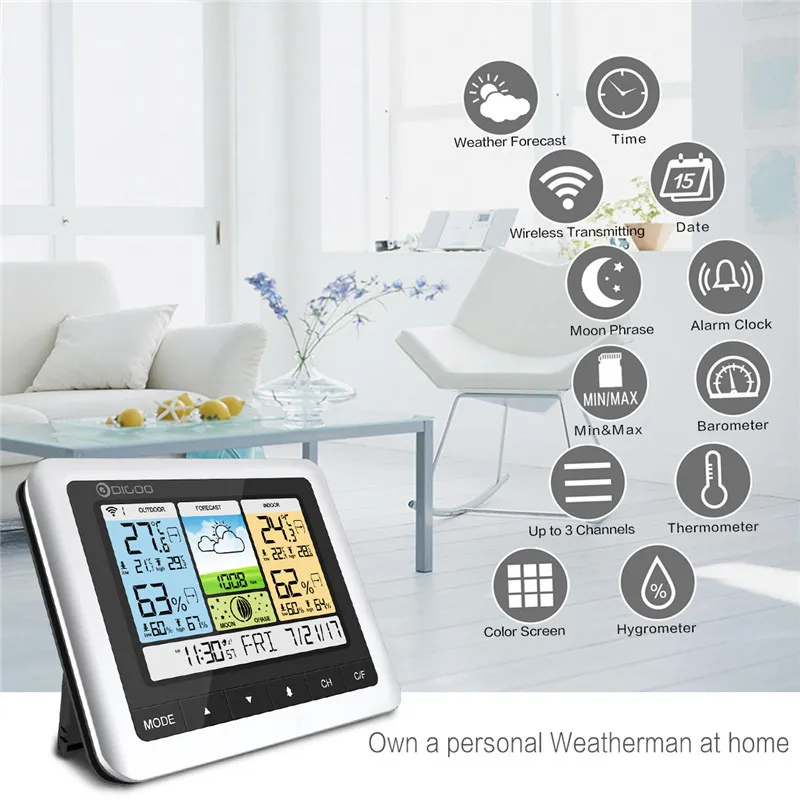 Метеостанция Digoo Беспроводная с цветным ЖК-дисплеем домашний термометр датчик