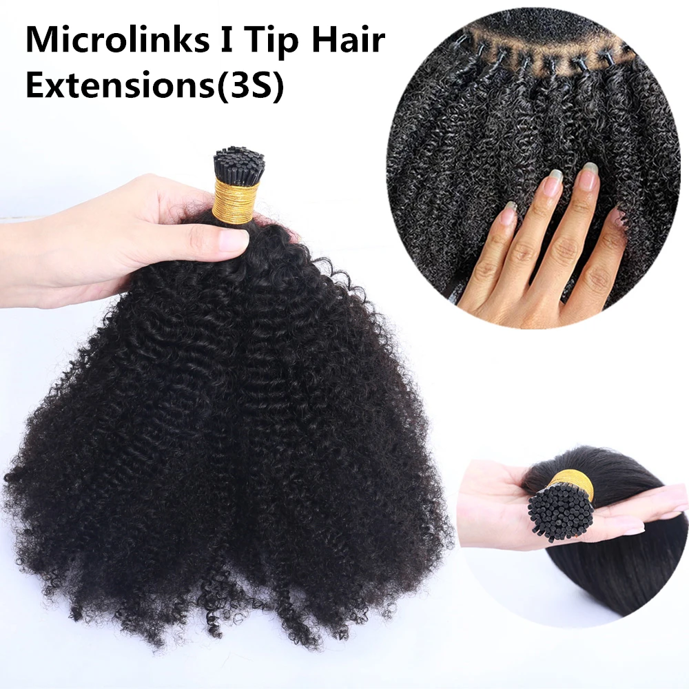 

Brazilian Afro Kinky Curly 4B 4C Human Hair Extensions I Tip Hair Extension For Women Microlinks Bulk Virgin Hair Natural Black