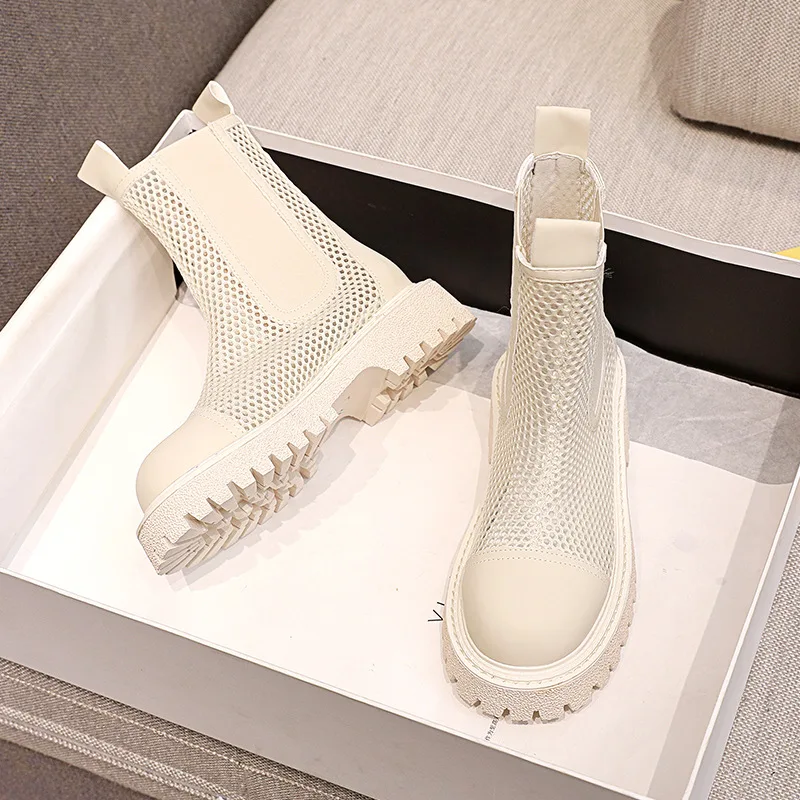 

2021 Women Boots Summer Female Genuine Leather Shoes Lady Fashion Mid Calf Boots All Match Breathable Platform Hollow Black