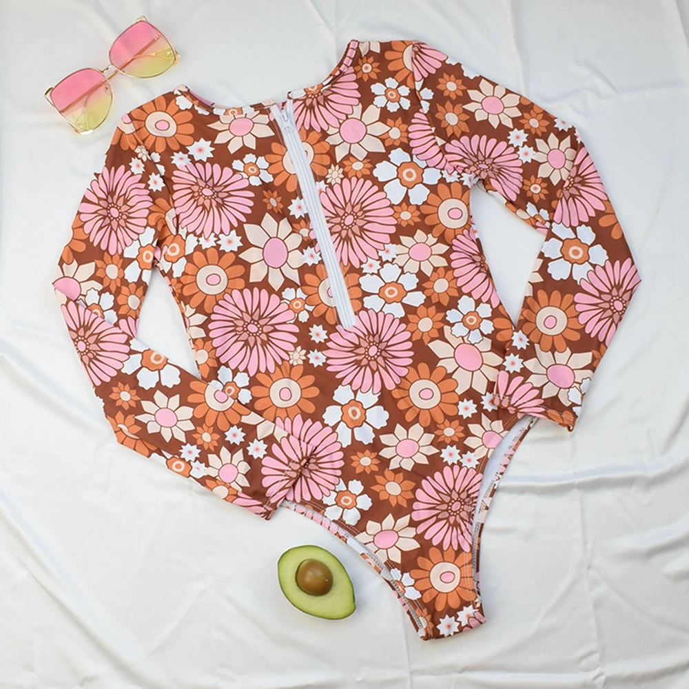 

2021 Sexy Long Sleeve Swimwear Women One Piece Swimsuit Zipper Bodysuit Monokini Surfing Swim Suits Print Bathing Suit Beachwear
