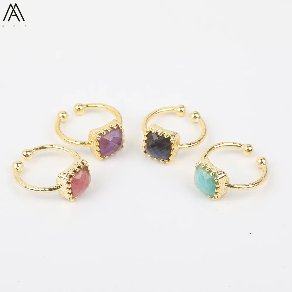 Random Sales Natural Stone Cube Beads Rings Adjustable Fashion Women Amethysts Quartz Open Gold Copper Jewelry FZ-76AMAJ | Украшения и