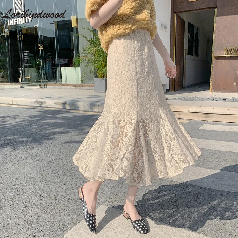2021 юбка с высокой талией кружевная белая винтажная Модная элегантная подкладка