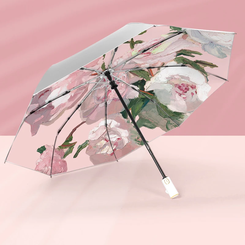 Зонтик солнцезащитный в ретро стиле ручная роспись Розовый пион титан серебро