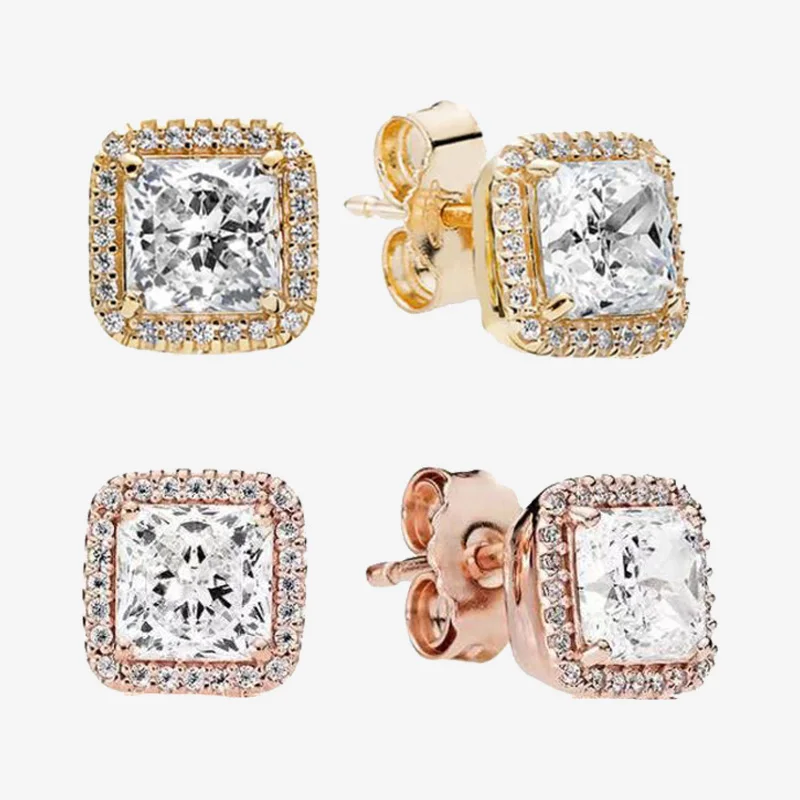 

925 Sterling Silver Pan Earring Shiny Rose Gold Square With Crystal Earrings For Women Wedding Gift Fashion Jewelry