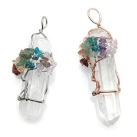 5pc natural crystal healing cylinder quartz mix stone chips beads wire wrapped life tree stone pendants