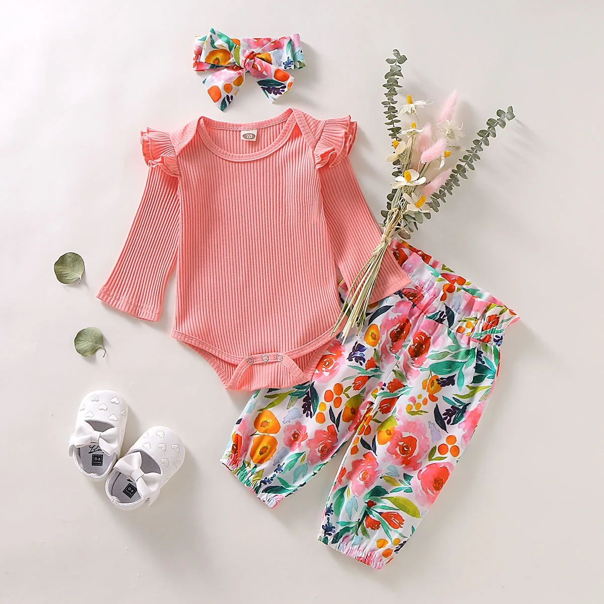 Осенний комплект одежды для маленьких девочек Одноцветный льняной комбинезон с