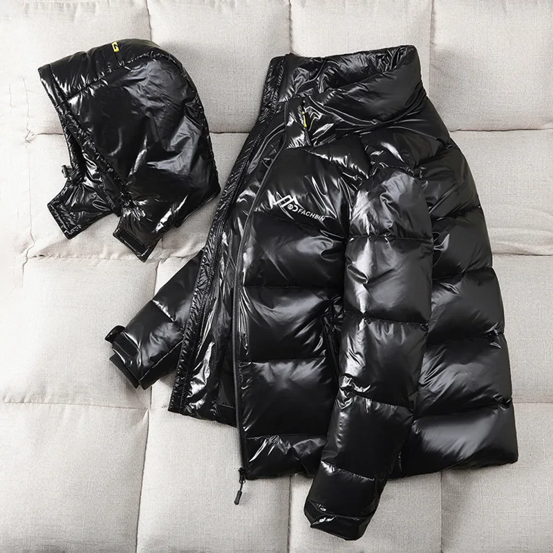 Winter Men's Jacket  Windproof Thick Warm And Windproof Hooded Jacket Casual White Duck Down couples Bright jacket