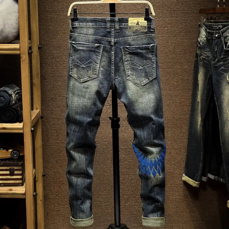 

New Arrivals Men's Motorcycle Jeans Slim Fit Straight Denim Pants Ripped Skinny Trousers