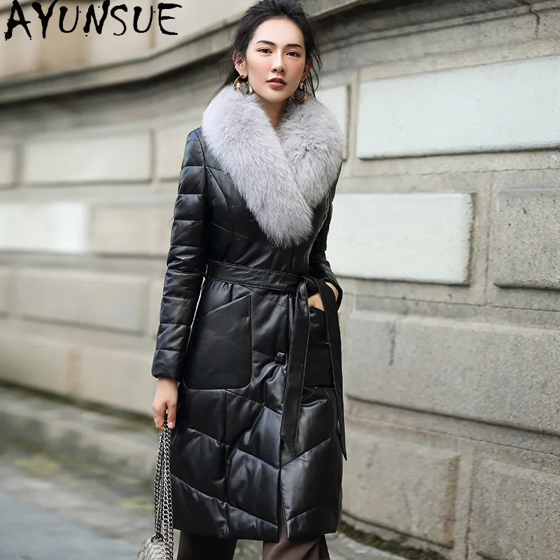 

AYUNSUE 2020 Winter Real Leather Jacket Women 90% White Duck Down Coat Female Sheepskin Coats Fox Fur Collar Fashion Clothes