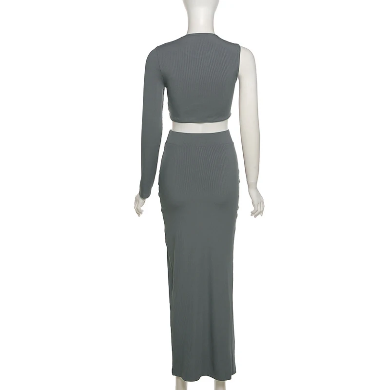 

NOVAINSPO One Shoulder Split Grey Solid Cropped Tops And Maxi Skirt Set O Neck Fashion Casual Long Sleeve Workout Sets One Piece