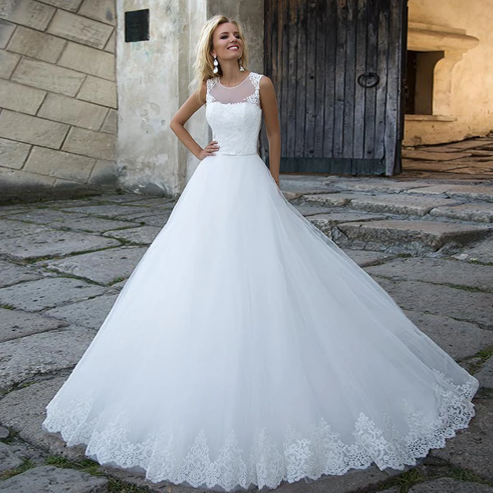 

Свадебное платье с круглым вырезом, Кружевная аппликация, трапециевидная юбка с пуговицами сзади, Цвет Белый/слоновой кости, индивидуальны...