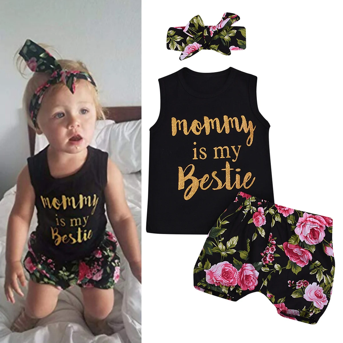 

Girls Clothing Sets 2019 Baby Girl Summer Outfits Kids Girl Clothes Vest Top T shirt+ Short Pant Headband 3PCS Set Dropshipping