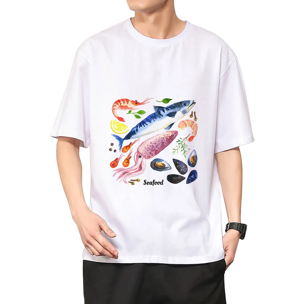

Printed O-collar white Man T-Shirt High-end Cotton Animal Sharks Print Top Tee Gentleman Pullover Blouses High Quality Time
