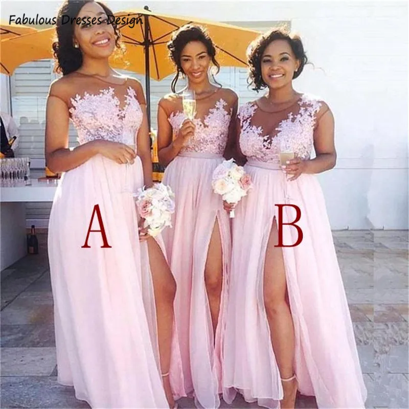 

Sexy Front Split Bridesmaid Dresses 2020 A Line Applique Lace Long Vestidos Newest Chiffon Pink Wedding Party Dress Gown