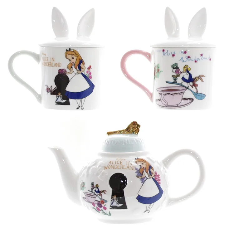 

Disney Teacup Alice in Wonderland Afternoon Tea Gold Embossed Couple Mug with Lid Ceramic Teapot