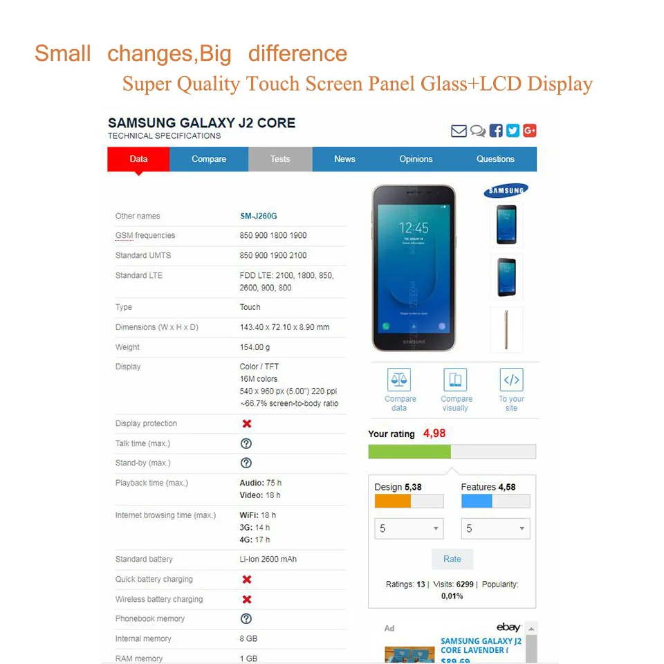 10 шт./лот оригинал для Samsung Galaxy J2 Core 2018 J260 J260M/DS J260F/DS J260G/DS ЖК дисплей сенсорный