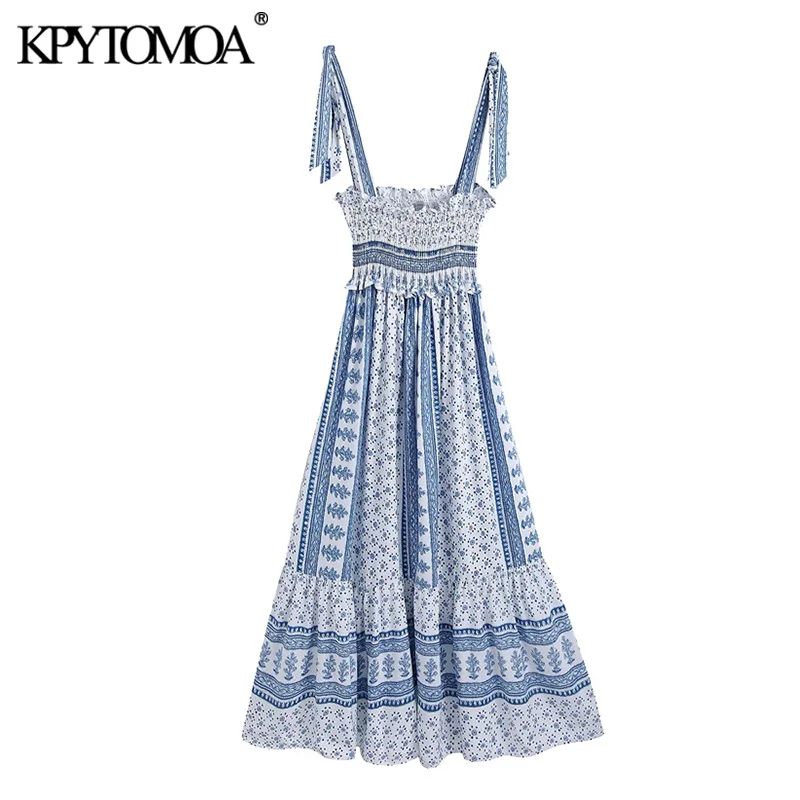 

KPYTOMOA Women 2021 Chic Fashion Smocked Printed Midi Strappy Dress Vintage Bow Tie Straps Ruffled Hem Female Dresses Mujer