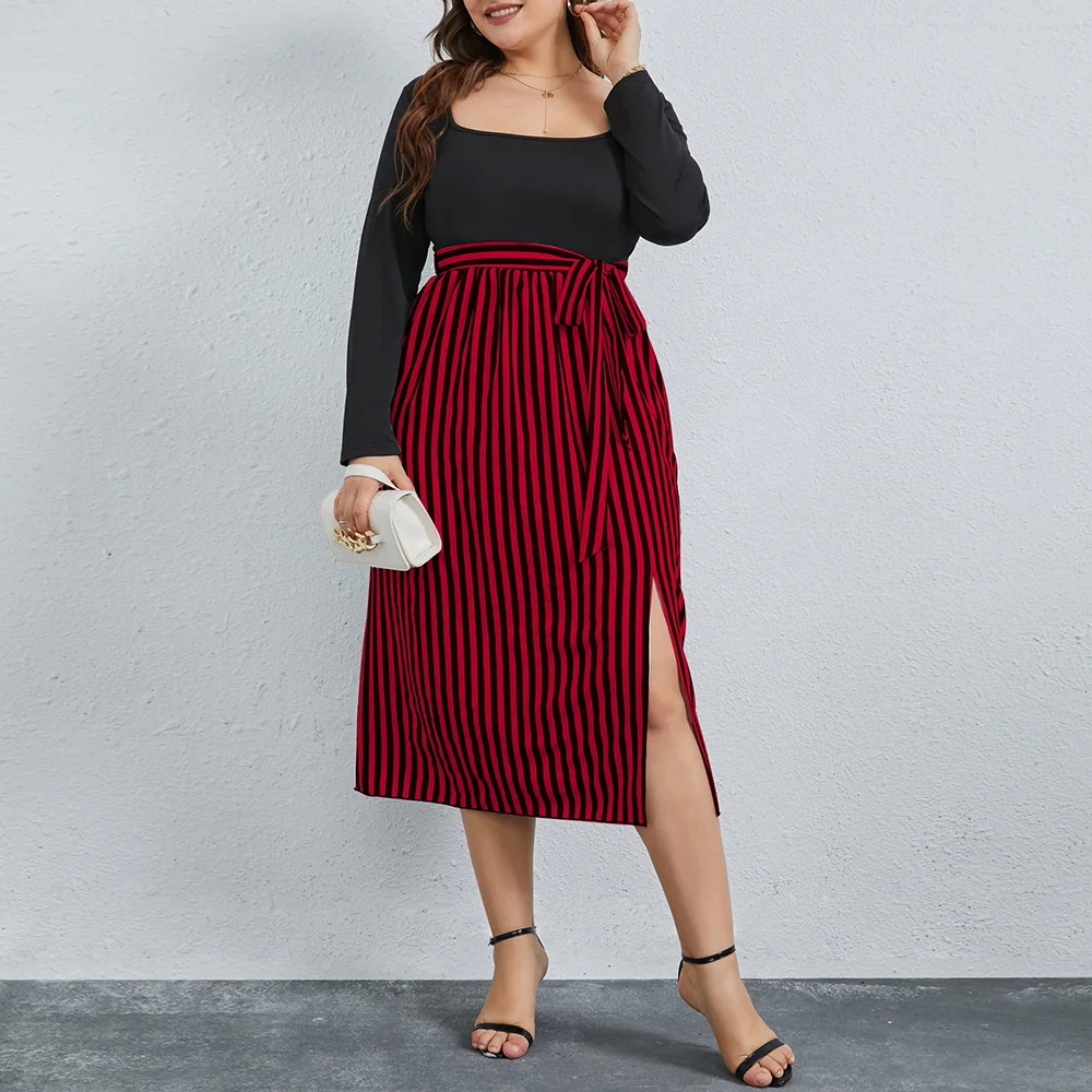 

Casual Midi Dress Plus Size Women Dress 2022 Spring Vertical Stripe Long Sleeve Party Dress Lady Tie Front Split Elegant Outfits