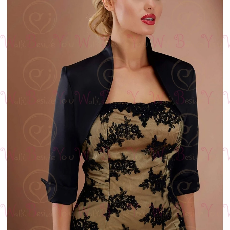 Темно-Синие атласные свадебные накидки с рукавом 2022 и воротником 3/4 | Свадьбы