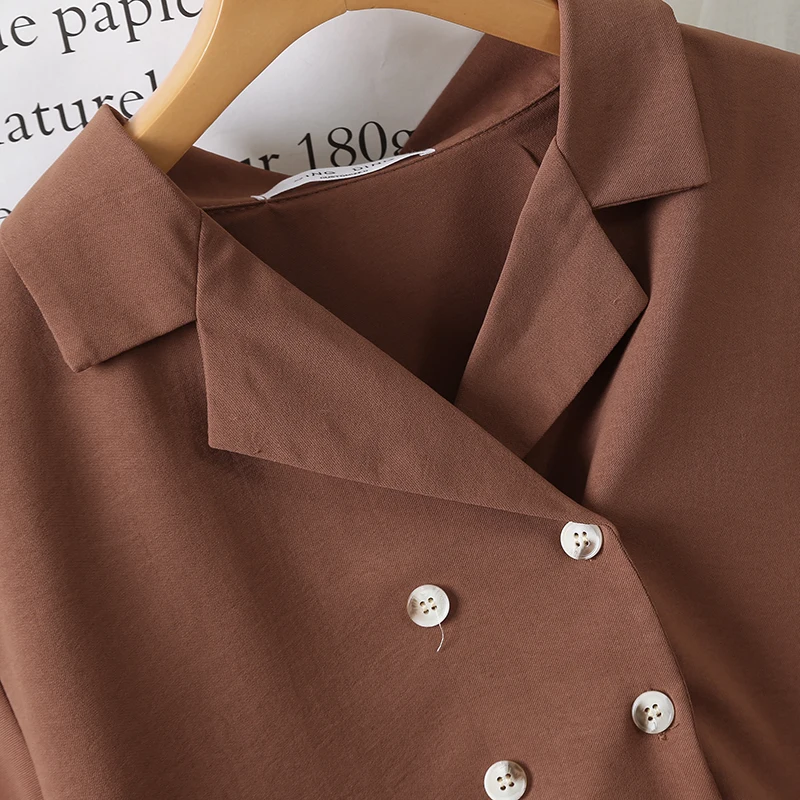 2019 new fashion women's Korea Vintage double-breasted loose versatile suit collar long-sleeved pleated dress 7324 | Женская одежда