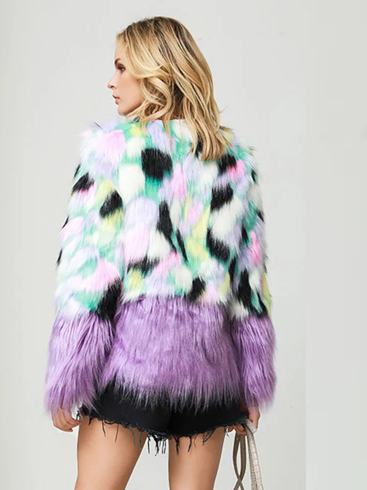 Faux Fox Fur Coat Stitching Plush Thickened Fluffy Jacket Winter Women's Clothing High Quality Teddy Luxury Warm Fashion Brand