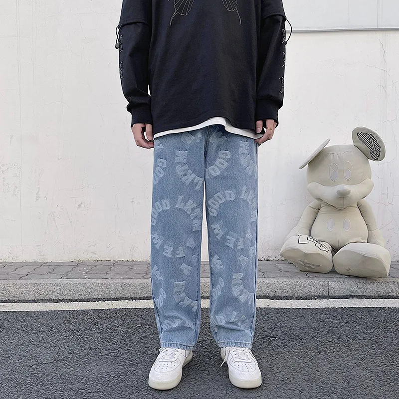 Men's Autumn Fashion Harajuku Loose Straight Jeans Men Wide Leg Pants Hip Hop Letter Print Jeans Punk Oversized Jeans Denim 2023
