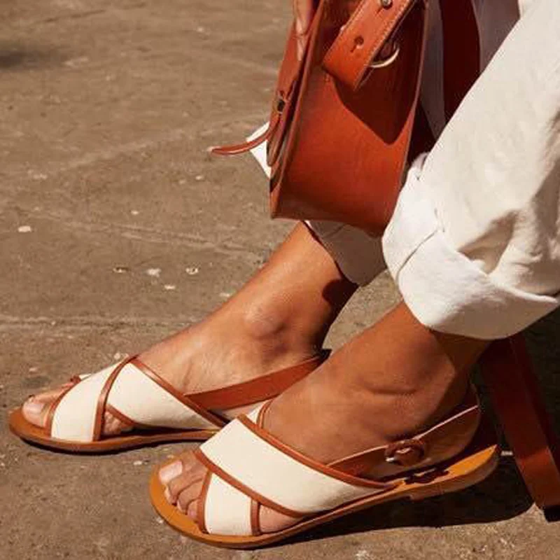

Woman Sandals Buckle Strap Cross Gladiator Open Toe Roman Flats Shoes Strappy Beach Sandals Plus Size 43 Sandalias Mujer Summer