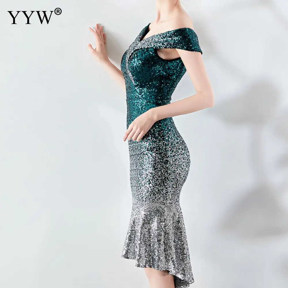 

2019 Short Mermaid Evening Party Dress Europe And America Off Shoulder Vintage Sequin Gradient Sexy Mermaid Dress Sequined Dress