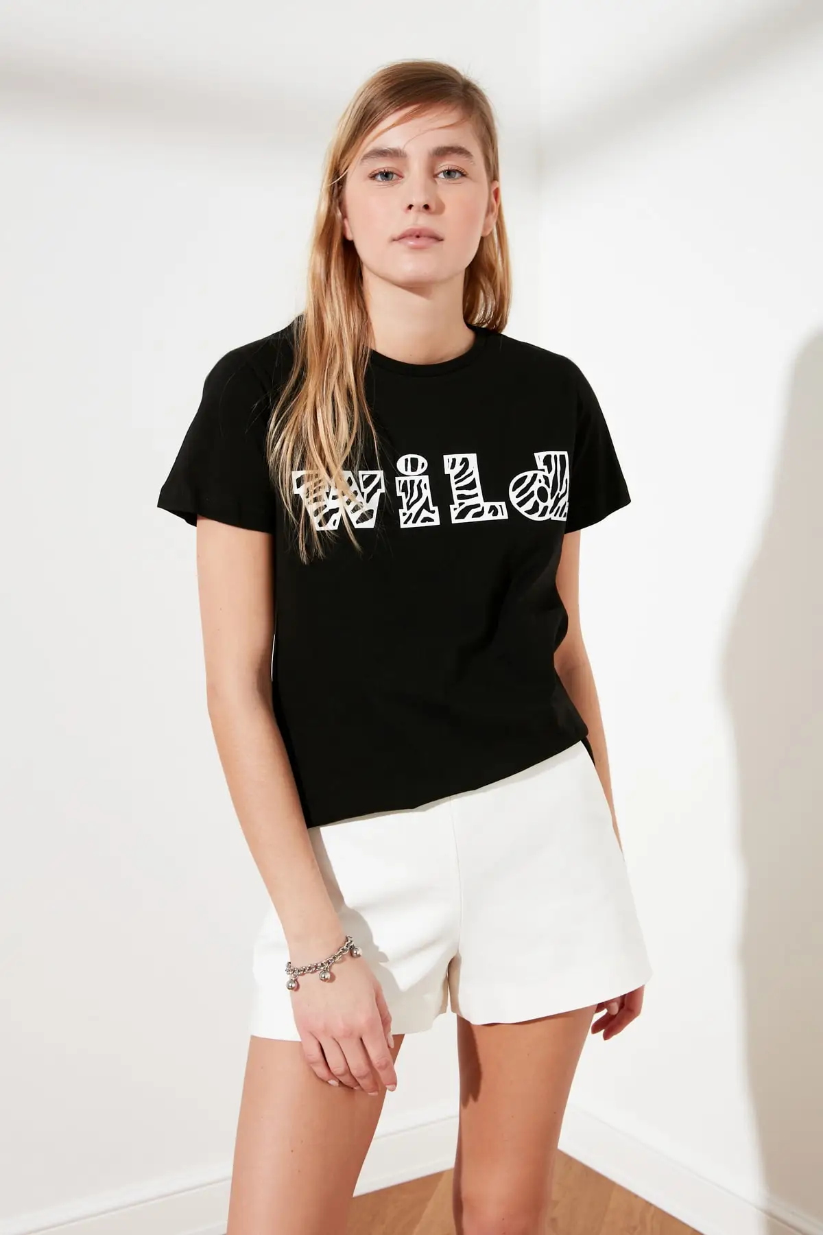 Коричневая Базовая Трикотажная футболка с принтом TWOSS19GH0013 | Женская одежда