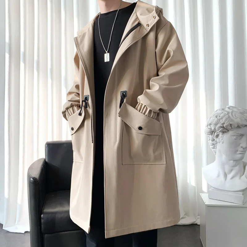 

Autumn Men's Trench Solid Color Oversized Long Jacket Fashion Big Pocket Hooded Trench Coats Male Clothing Solid Windbreaker