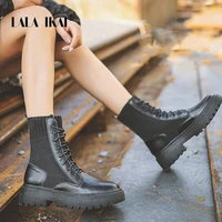 lala ikai women army combat ankle boots lace up shoes gothic sock platform leather chunky heels boots fashion botas mujer
