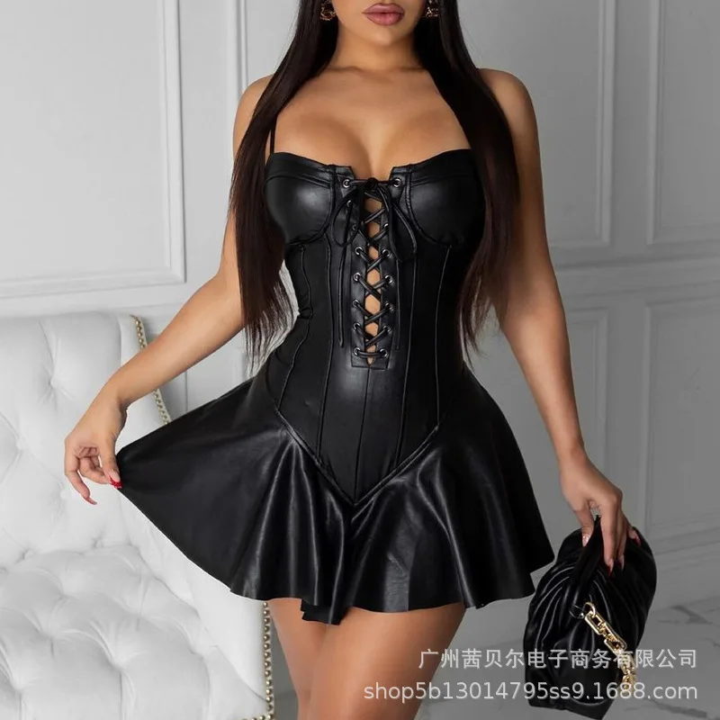 

WEPBEL Dress Women's Sexy Solid Color Stitching PU Dress Summer Spaghetti Strap Strapless High Waist Slim Pleated Dress