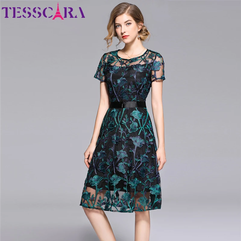 Женское элегантное сетчатое платье TESSCARA с вышивкой женские дизайнерские платья