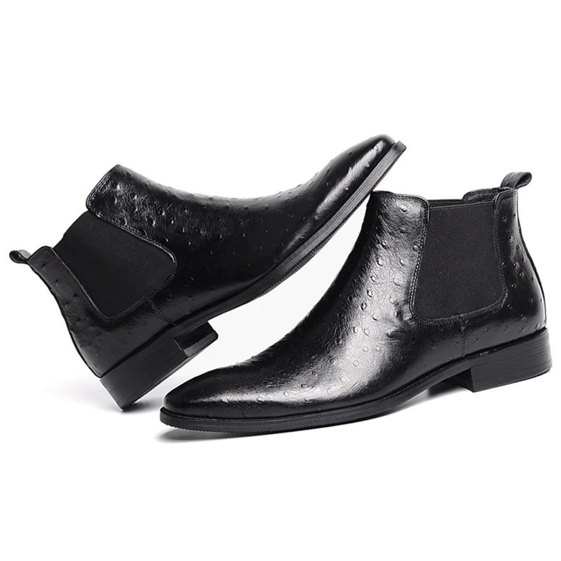 

Luxury Genuine Leather Formal Dress Man Chelsea Ankle Boots Pointed Toe Ostrich Pattern Handmade Men's Cowboy Riding Shoes WF169