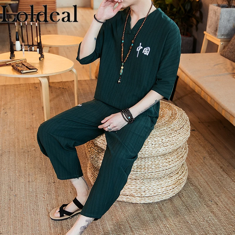 

Loldeal Chinese Style Short-sleeved T-shirt Set Men's Cotton and Linen Embroidery V-neck Pullover + Cropped Pants