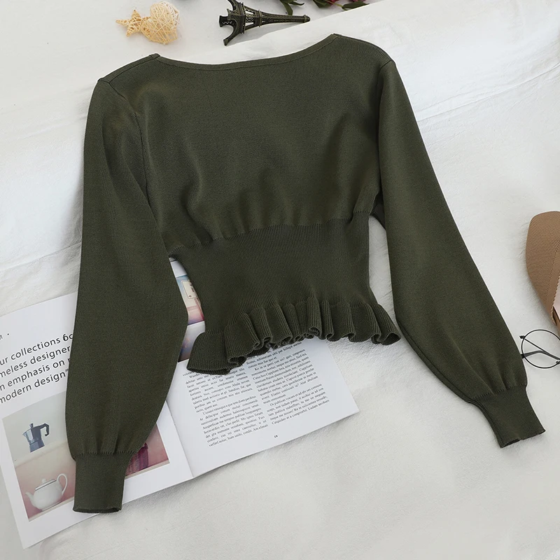 OCEANLOVE Short Pullovers 2020 Bandage Solid Korean Pull Femme Fashion Autumn Winter Ruffles Casual Women Sweaters 13486 | Женская